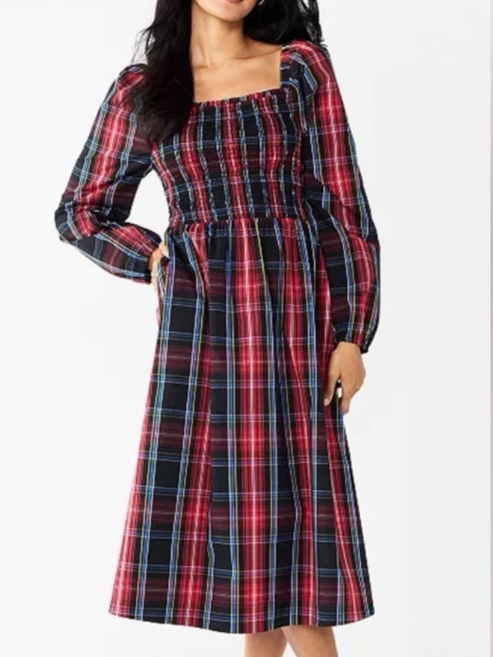 Draper James Plaid Smocked Dress XS Long Sleeve Square Neck Midi